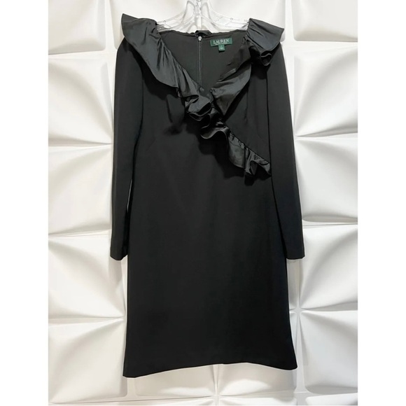 Lauren Ralph Lauren Sz 4 Black Ruffled Neck Faux Wrap Crepe Knit Sheath Dress - Picture 4 of 7